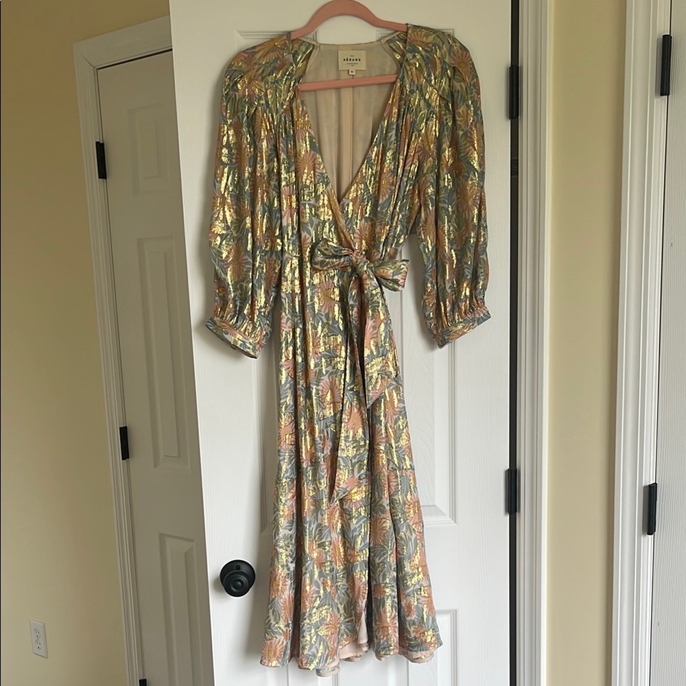 Sezane Floral Wrap Dress with Gold Details